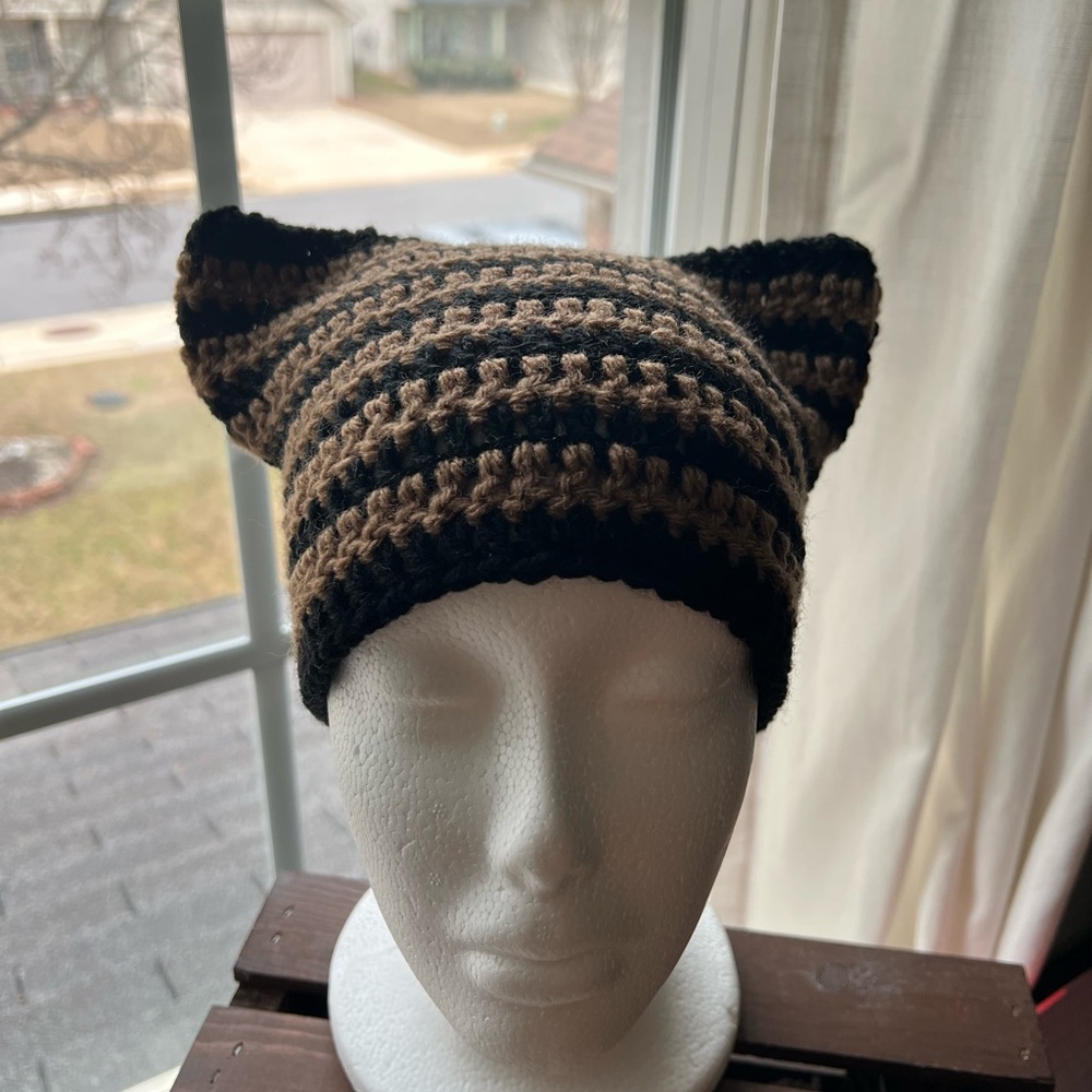 Striped Black and Brown Crochet Cat Ear Beanie